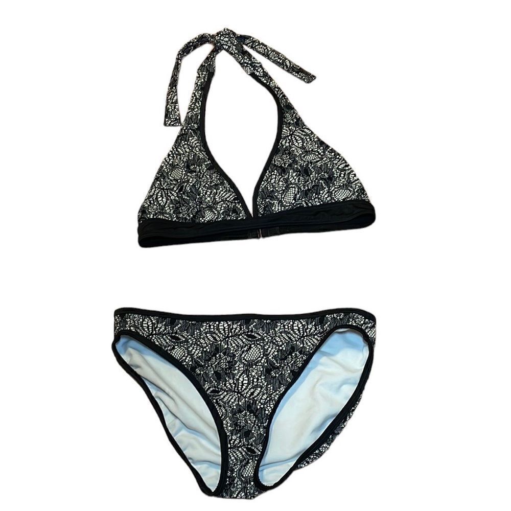 Spiegel Swim Bikini, black floral faux lace, halter top, scoop bottom, 10